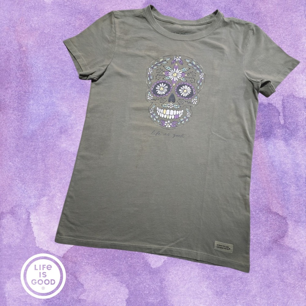 Life is Good Crusher Tee Womens Sugar Skull Floral Graphic Olive Green Small